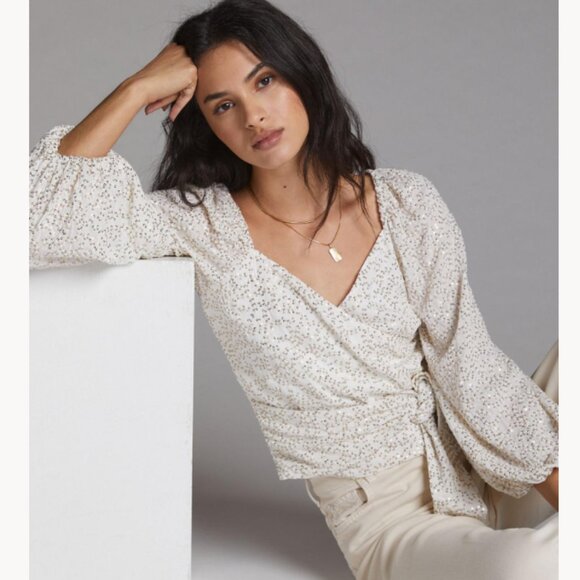 Anthropologie Surplice White Sequin Tie-Front Blouse, Large - Picture 1 of 12